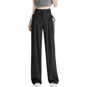Women's Ruched Suit Pants Wide Leg Trousers Black Personality Lace Up with Pocket Elastic High Waist Baggy Pants