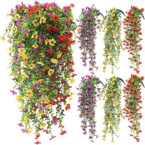 6 Pcs Artificial Faux Hanging Flowers Plants Outside Fake Silk Mums Violets with Eucalyptus Colorful Realistic UV Resistant Trailing Vines Porch Patio Yard Indoor House Wedding Party Favors