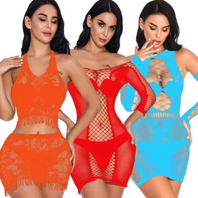 QuneusHot 3pcs Sexy Women Fishnet Dress Camisole Babydoll Lingerie Nightgowns Chemise Nightwear Sleepwear