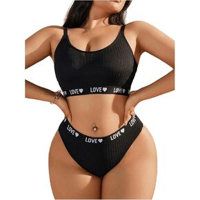 Women's Plus Size Letter Heart Print Wireless Bra and Panty Sets 2 Piece Ribbed Knit Lingerie in Saudi Arabia