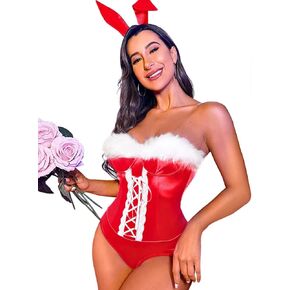 2Pcs Women Sexy Bunny Lingerie, Satin Corset Bodysuit Lace Up, Halloween Costume Christmas Valentines Easter Holidays