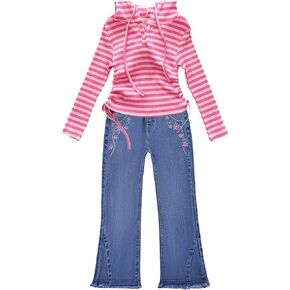 Peacolate 2-10Years Little Big Girls 2pcs Clothing Set T Shirt and Blue Embroidered Jeans