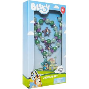 LUV HER Bluey Girl's Jewelry Set - Dress up 3 Piece Toy Jewelry Box Set with Bead Necklace, Bracelet and Ring - Play Accessories - Ages 3+