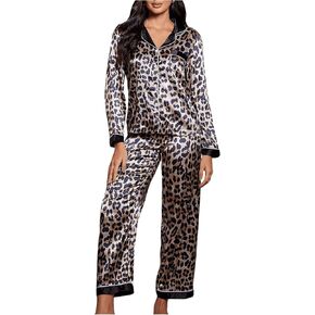 Women's 2 Piece Satin Pajama Set Leopard Print Long Sleeve Button Down Top and Pants Silk Pjs Cheetah Lounge Set
