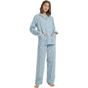 GLOBAL Womens 100% cotton pajamas set with long sleeve button down pjs 2 piece nightwear button fly sleepwear bottom drawstring waist pajama