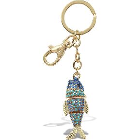 Fish Keychain - Shades of Blue Sparkling Rhinestones Charm, Fashionable Stylish Polyester PU Ocean Life Gold Key Ring Bling Jewelry Accessory with Clasp For Key Chain, Bag, Purse & Backpack