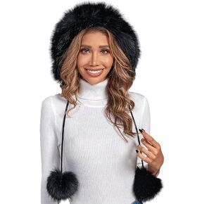 Faux Fur Pompom Knitted Beanie Hat for Women Winter Warm Fleece Lined Skull Ski Cap with Ear Cover Womens Hats