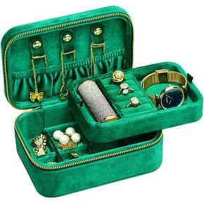 Travel Jewelry Case, Double Layer Plush Velvet Jewelry Box for Women and Girls, Portable Jewelry holder organizer for Rings Earrings Necklaces Bracelets(Avocado Green)