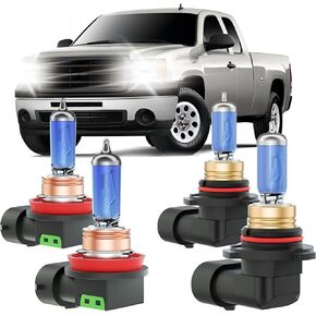 Sierra Halogen Headlight Bulbs Fits For 2007-2013 GMC Sierra Halogen High Low Beam Combo, Ultra Bright 5000K White Bulbs, 12V-100W, Pack of 4