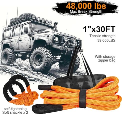 حبل الاسترداد الحركي 1 بوصة × 30 قدم برتقالي 48000 رطل طقم أحزمة سحب للخدمة الشاقة على الطرق الوعرة حزام خطف السيارة طقم استعادة السيارة لسيارة جيب شاحنة ATV UTV SUV in Kuwait