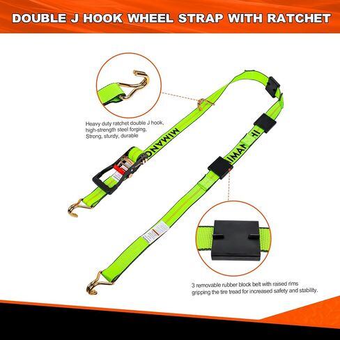 2" x 10' Tire Tie Down Straps Over The Wheel Ratchet,4PCS,Heavy Duty Vehicle Tie Down Kit,Auto Hauler Straps for Trailer w/ 3 Wire J Hooks and Rubber Blocks,Wheel Straps for Hauling Cars in Kuwait