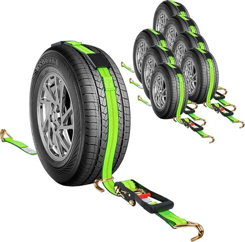 2" x 10' Tire Tie Down Straps Over The Wheel Ratchet,4PCS,Heavy Duty Vehicle Tie Down Kit,Auto Hauler Straps for Trailer w/ 3 Wire J Hooks and Rubber Blocks,Wheel Straps for Hauling Cars in Kuwait