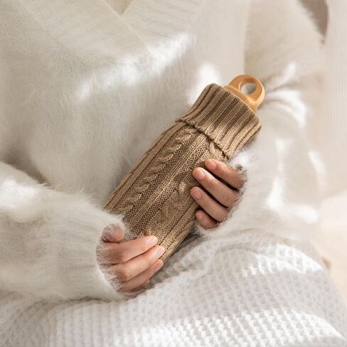 SHIMOYAMA Small Hot Water Bottle with Cover, 600ml Silicone Hot Water Bag for Pain Relief, Hand Warmer – Ideal for Waist, Back, Neck, and Shoulders, Beige in Saudi Arabia