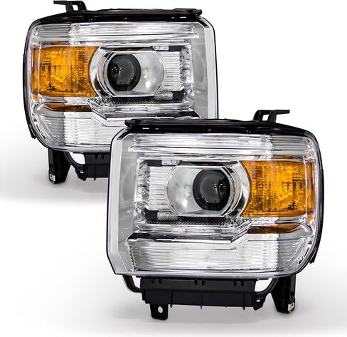 مجموعة المصابيح الأمامية لـ 2014-2018 GMC Sierra 1500 Base/Denali/SLE/SLT 15-19 Sierra 2500HD/3500HD Base/Denali/SLE/SLT كروم الإسكان عاكس العنبر بدون أضواء LED للجري النهاري in Kuwait