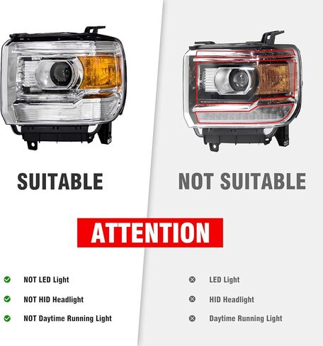 مجموعة المصابيح الأمامية لـ 2014-2018 GMC Sierra 1500 Base/Denali/SLE/SLT 15-19 Sierra 2500HD/3500HD Base/Denali/SLE/SLT كروم الإسكان عاكس العنبر بدون أضواء LED للجري النهاري in Kuwait