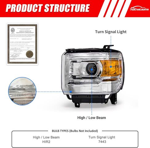 مجموعة المصابيح الأمامية لـ 2014-2018 GMC Sierra 1500 Base/Denali/SLE/SLT 15-19 Sierra 2500HD/3500HD Base/Denali/SLE/SLT كروم الإسكان عاكس العنبر بدون أضواء LED للجري النهاري in Kuwait