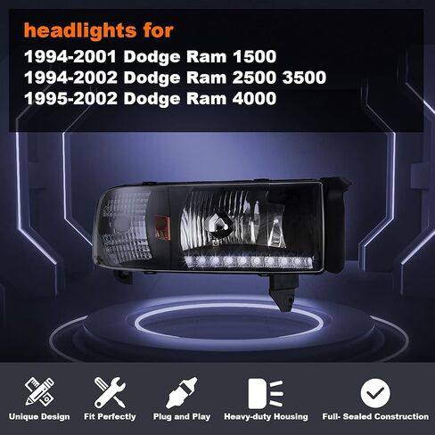 مجموعة المصابيح الأمامية LED للطرق الوعرة من Nixon لـ 1994-2001 Dodge Ram 1500 2500 3500، 1995-2002 Dodge Ram 4000 مصابيح الرأس مع LED DRL، عاكس، مصابيح أمامية مزدوجة الشعاع، جانب السائق والراكب (أسود) in Kuwait