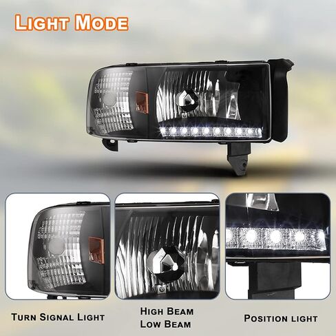 مجموعة المصابيح الأمامية LED للطرق الوعرة من Nixon لـ 1994-2001 Dodge Ram 1500 2500 3500، 1995-2002 Dodge Ram 4000 مصابيح الرأس مع LED DRL، عاكس، مصابيح أمامية مزدوجة الشعاع، جانب السائق والراكب (أسود) in Kuwait