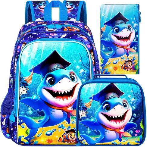 gxtvo 3PCS Shark Backpack for Boys, 16" Kids Bookbag with Lunch Box, Water Resistant Elementary Prechool Toddler Shool Bag - Blue Dr.Shark in Kuwait
