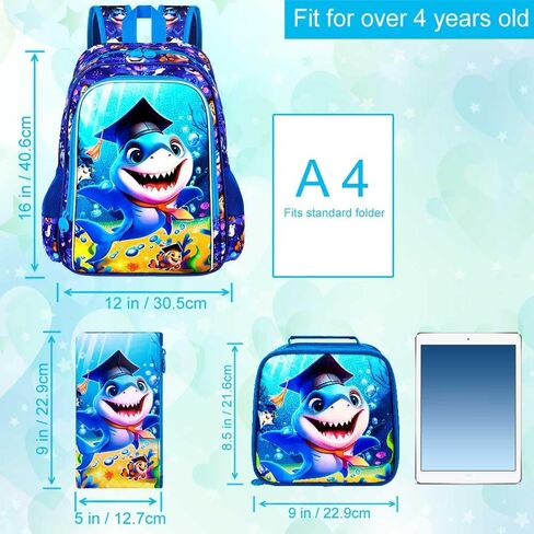 gxtvo 3PCS Shark Backpack for Boys, 16" Kids Bookbag with Lunch Box, Water Resistant Elementary Prechool Toddler Shool Bag - Blue Dr.Shark in Kuwait