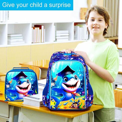 gxtvo 3PCS Shark Backpack for Boys, 16" Kids Bookbag with Lunch Box, Water Resistant Elementary Prechool Toddler Shool Bag - Blue Dr.Shark in Kuwait