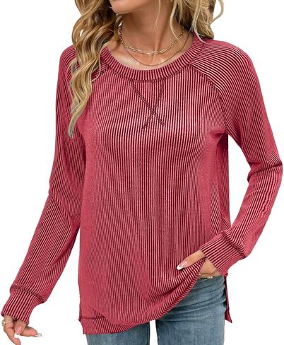 قمصان Levaca النسائية المضلعة بأكمام طويلة وفضفاضة وفضفاضة ومكشوفة وقمصان خريفية للارتداء مع السراويل الضيقة in Kuwait