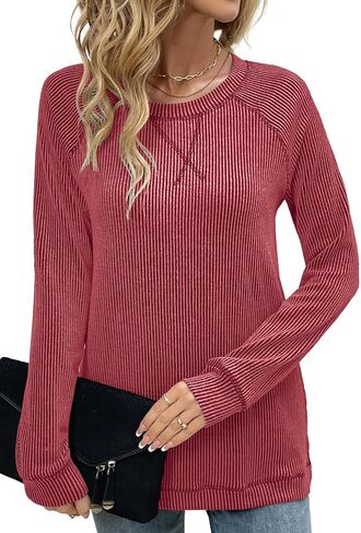 قمصان Levaca النسائية المضلعة بأكمام طويلة وفضفاضة وفضفاضة ومكشوفة وقمصان خريفية للارتداء مع السراويل الضيقة in Kuwait