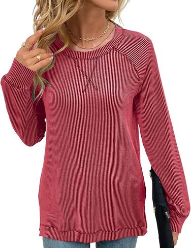 قمصان Levaca النسائية المضلعة بأكمام طويلة وفضفاضة وفضفاضة ومكشوفة وقمصان خريفية للارتداء مع السراويل الضيقة in Kuwait