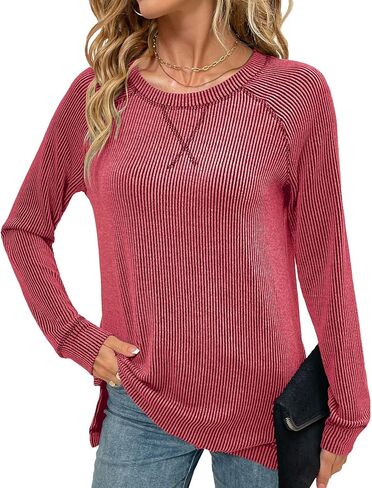 قمصان Levaca النسائية المضلعة بأكمام طويلة وفضفاضة وفضفاضة ومكشوفة وقمصان خريفية للارتداء مع السراويل الضيقة in Kuwait