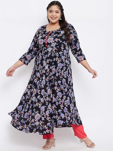 Tissu Rayon Floral Printed Flared Kurta with Buttons in Kuwait