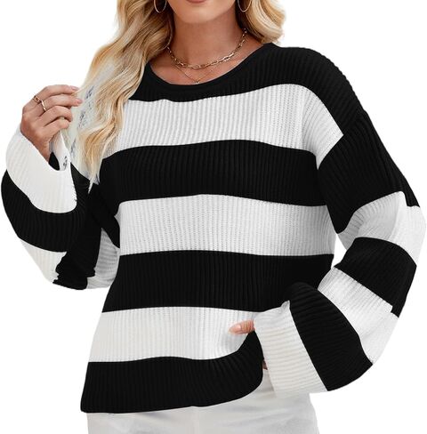 Holiday Sweaters for Women, Women's Long Sleeve Crewneck Striped Color Block Oversized Knit Pullover Sweater in Saudi Arabia