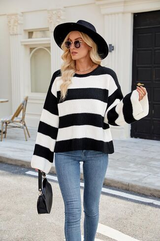 Holiday Sweaters for Women, Women's Long Sleeve Crewneck Striped Color Block Oversized Knit Pullover Sweater in Saudi Arabia
