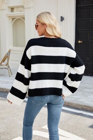 Holiday Sweaters for Women, Women's Long Sleeve Crewneck Striped Color Block Oversized Knit Pullover Sweater in Saudi Arabia