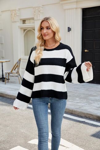 Holiday Sweaters for Women, Women's Long Sleeve Crewneck Striped Color Block Oversized Knit Pullover Sweater in Saudi Arabia