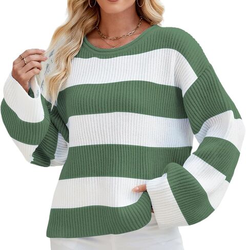 Holiday Sweaters for Women, Women's Long Sleeve Crewneck Striped Color Block Oversized Knit Pullover Sweater in Saudi Arabia
