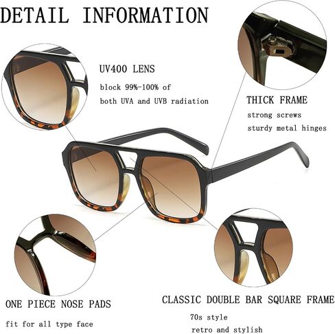 Retro Aviator Sunglasses for Women Men 70s Vintage Trendy, Square Retro Double Bridge Aviators Sun Glasses in Saudi Arabia