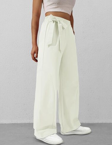Womens Casual Wide Leg Pants Y2K Trendy Elastic Waist Track Pants Baggy Tie Knot Trousers Zipper Pockets Streetwear in Kuwait
