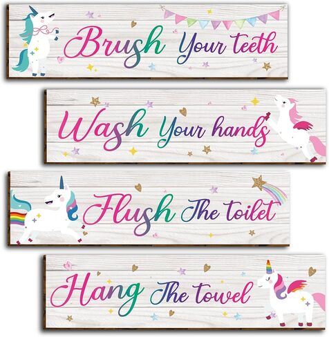4 قطع من لافتات ديكور حائط الحمام وحيد القرن، قواعد حمام مضحكة، علامة تعليق خشبية للمرحاض، ديكور جدار الحمام، ديكورات ملهمة يونيكورن علامات فنية جدارية للأطفال-2 in Kuwait