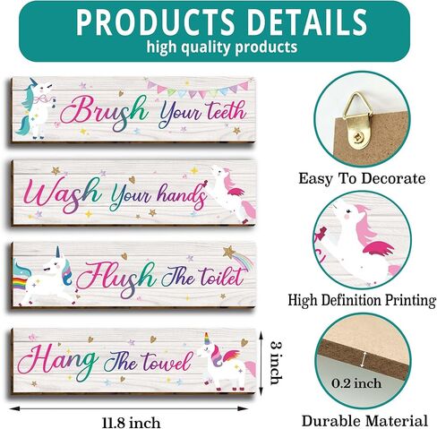 4 قطع من لافتات ديكور حائط الحمام وحيد القرن، قواعد حمام مضحكة، علامة تعليق خشبية للمرحاض، ديكور جدار الحمام، ديكورات ملهمة يونيكورن علامات فنية جدارية للأطفال-2 in Kuwait