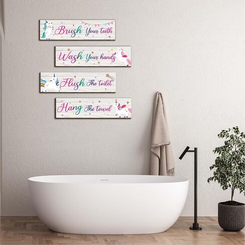 4 قطع من لافتات ديكور حائط الحمام وحيد القرن، قواعد حمام مضحكة، علامة تعليق خشبية للمرحاض، ديكور جدار الحمام، ديكورات ملهمة يونيكورن علامات فنية جدارية للأطفال-2 in Kuwait