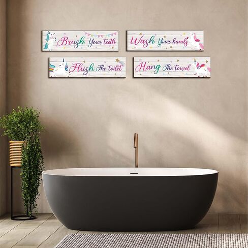 4 قطع من لافتات ديكور حائط الحمام وحيد القرن، قواعد حمام مضحكة، علامة تعليق خشبية للمرحاض، ديكور جدار الحمام، ديكورات ملهمة يونيكورن علامات فنية جدارية للأطفال-2 in Kuwait