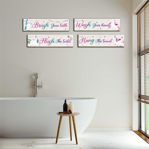 4 قطع من لافتات ديكور حائط الحمام وحيد القرن، قواعد حمام مضحكة، علامة تعليق خشبية للمرحاض، ديكور جدار الحمام، ديكورات ملهمة يونيكورن علامات فنية جدارية للأطفال-2 in Kuwait