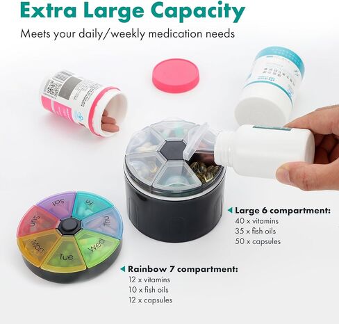 Sukuos Large Combined Pill Bottle Organizer with 6 & 7 Large Compartments, Daily Weekly Supplement Organizer Box with Wide Opening Design to Hold Monthly Medicines/Vitamins, Includes 12 Pcs Labels in Saudi Arabia