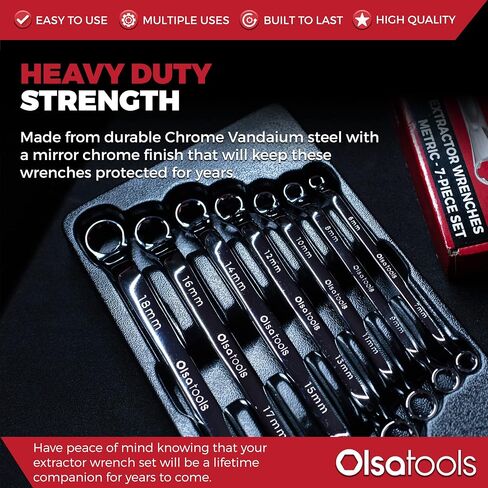 Olsa Tools Bolt Extractor Offset Wrench Set (7pc) | 6-Pt Box End Rounded Nut Remover | Stripped Bolt & Nut Remover | Metric Wrench Set | Professional Grade in Kuwait