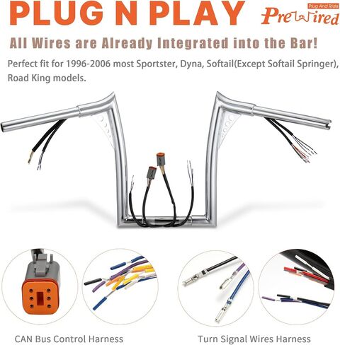 12" Rise Pre-wired Ape Hangers Softail Handlebars with CAN-Bus/Turn Signal Wire Harness 1 1/4" Bat Wing Meathook Bar for 1996-2006 Harley Softail/Dyna/Sportster/Road King, Chrome in Saudi Arabia