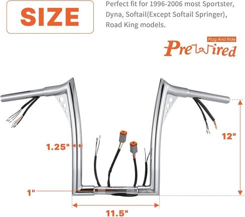 12" Rise Pre-wired Ape Hangers Softail Handlebars with CAN-Bus/Turn Signal Wire Harness 1 1/4" Bat Wing Meathook Bar for 1996-2006 Harley Softail/Dyna/Sportster/Road King, Chrome in Saudi Arabia