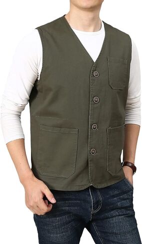PRIJOUHE Men's Casual Outdoor Cotton Vest Lightweight Breathable Multi-Pocket Fishing Safari Travel Vests Outwear in Kuwait