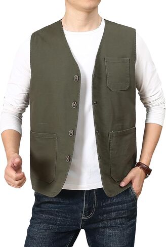 PRIJOUHE Men's Casual Outdoor Cotton Vest Lightweight Breathable Multi-Pocket Fishing Safari Travel Vests Outwear in Kuwait