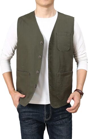 PRIJOUHE Men's Casual Outdoor Cotton Vest Lightweight Breathable Multi-Pocket Fishing Safari Travel Vests Outwear in Kuwait