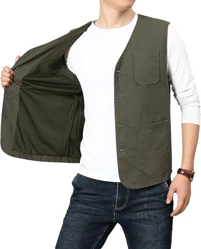 PRIJOUHE Men's Casual Outdoor Cotton Vest Lightweight Breathable Multi-Pocket Fishing Safari Travel Vests Outwear in Kuwait